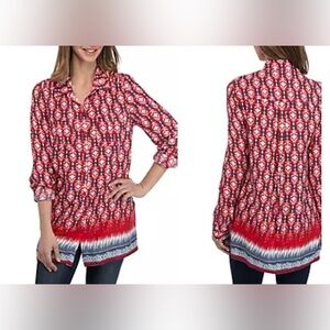 New Directions red Geo Pattern button down shirt Tunic Top Tab Sleeve XL